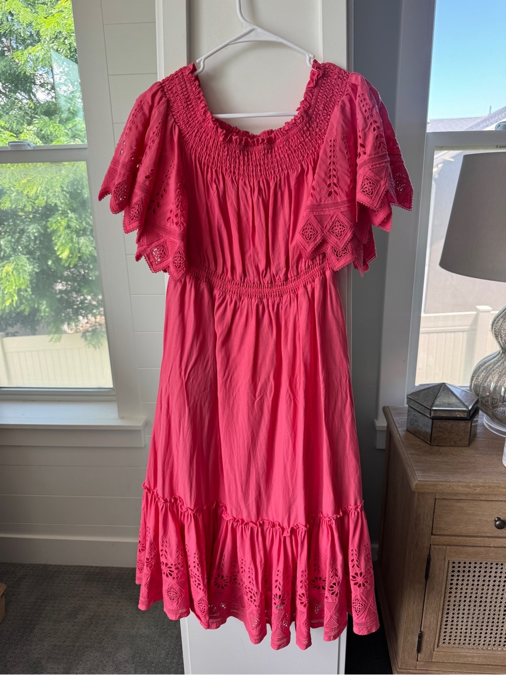 Kobi Halperin Peony Pink Eyelet Off Shoulder Smocked Midi Dress M